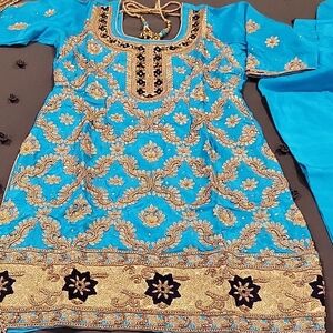 Punjabi Suit 3 Piece-Turquoise and Blue With Gold Work.